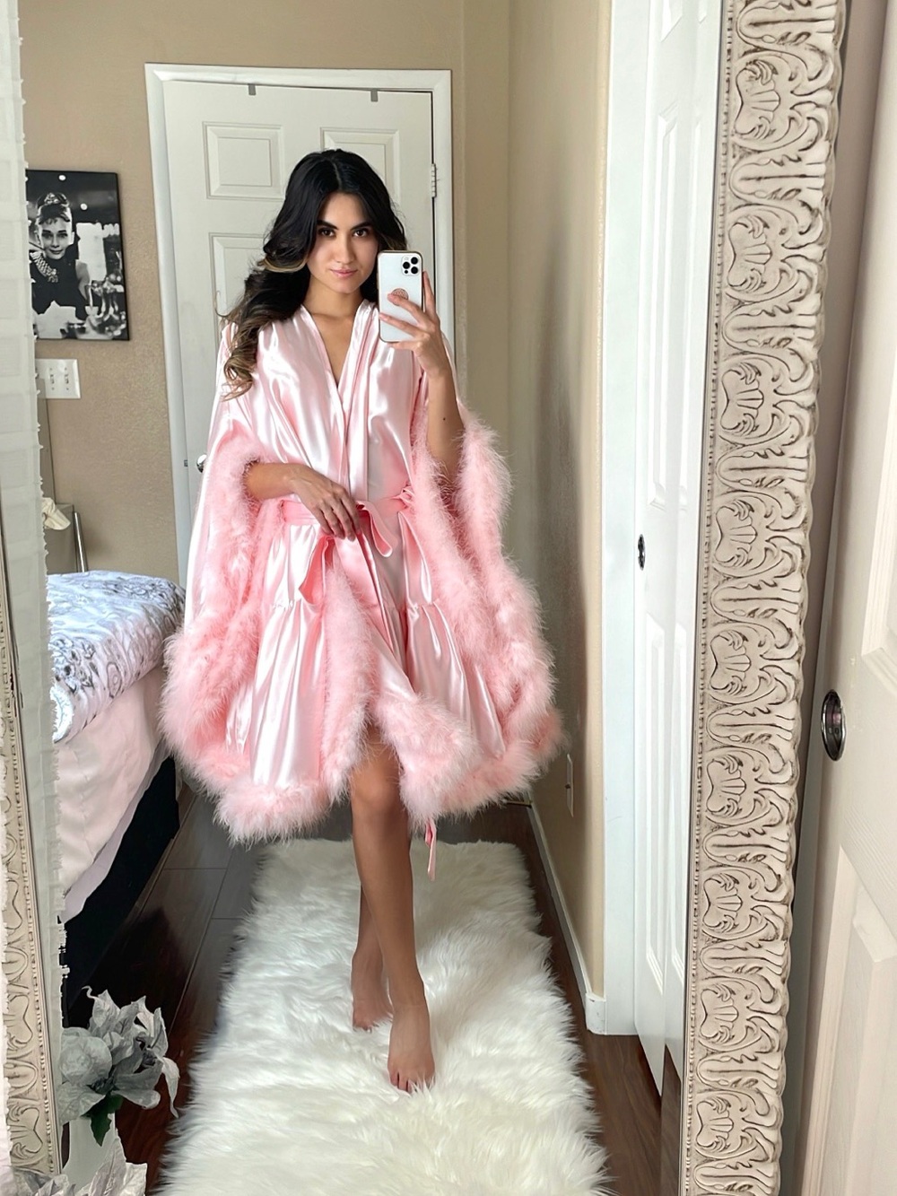Pink Satin Feather Trim Robe with Belt